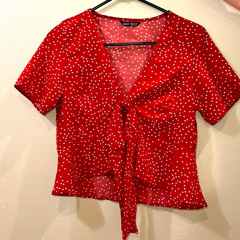 Shein Red and White Polka Dot Tie Front Blouse Women’s